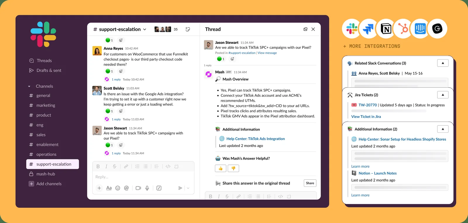A support-escalation channel in Slack. A question about tracking TikTok SPC+ campaigns
        with the Pixel opens a thread, and the Mash app answers it in five bullet points with the
        exact steps. Alongside, panels show the three related Slack conversations, two Jira tickets
        and two help-centre articles the answer drew on, and a button to share the answer back into
        the original thread.