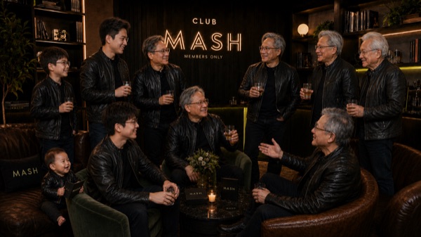 A dark lounge with a neon Club Mash sign, drinks on the table