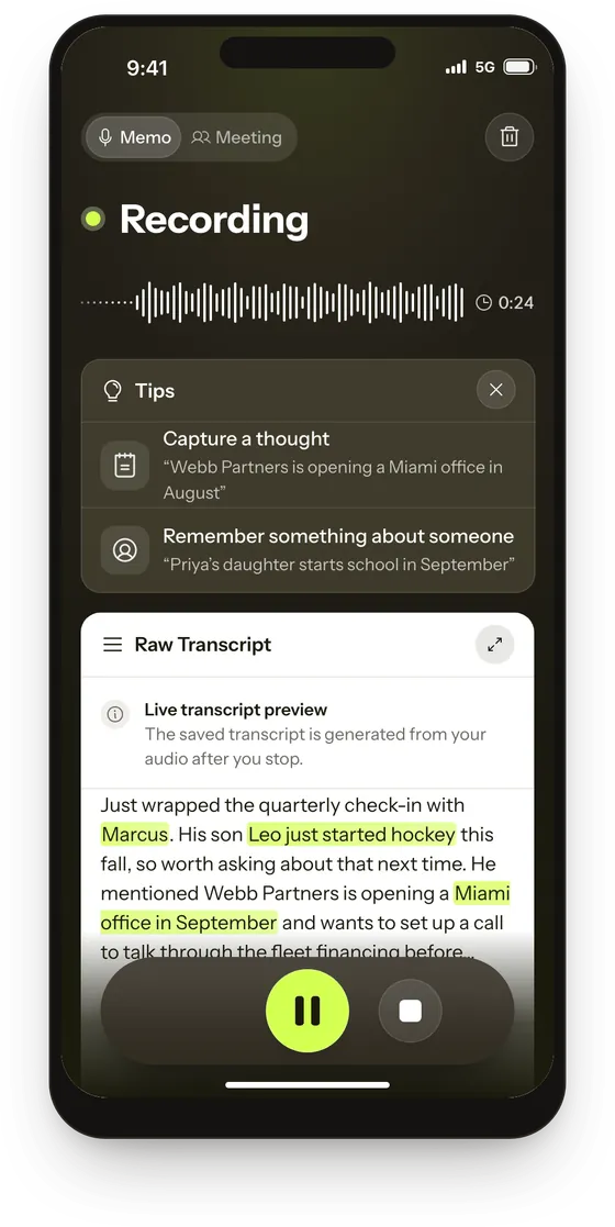 Mash recording a voice memo about Marcus, with a live transcript