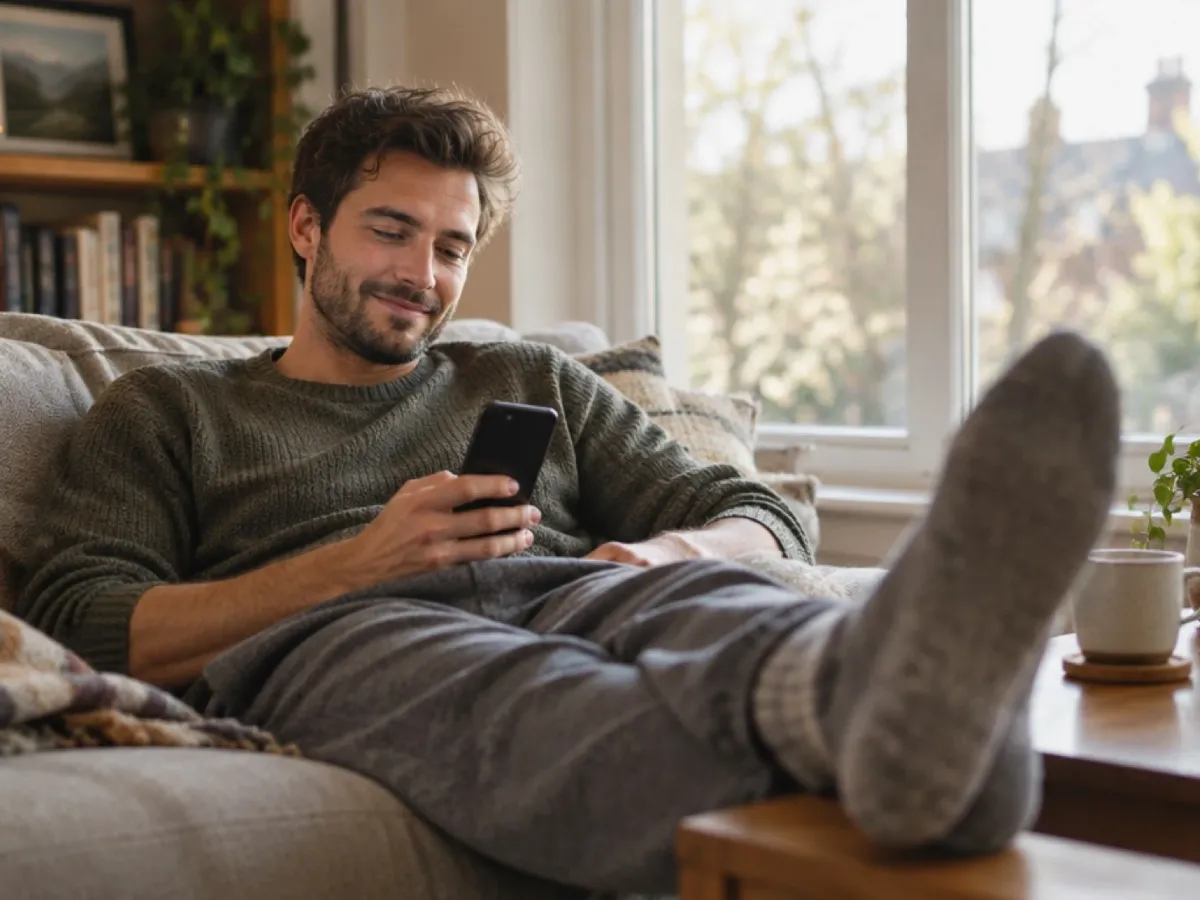 A man stretched out on his sofa in wool socks, smiling at his phone