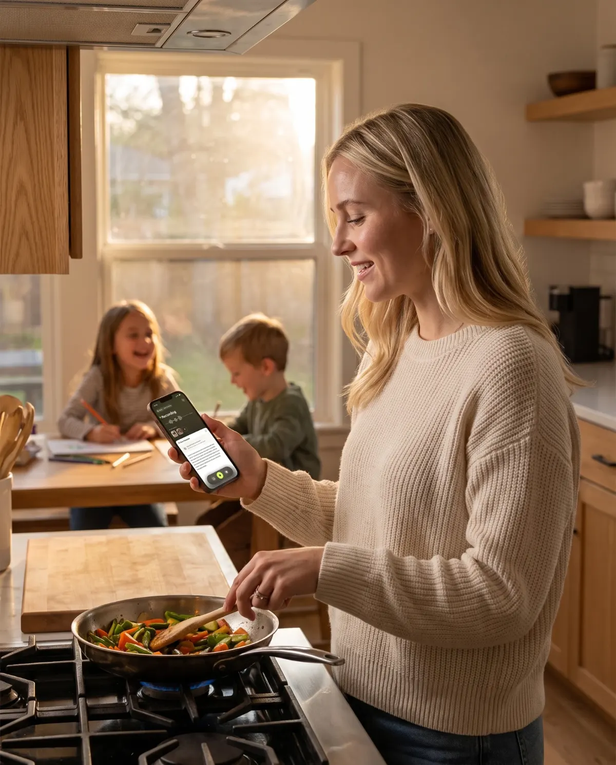 A mother at the stove recording a voice note in Mash on her phone, her two kids drawing at the table behind her