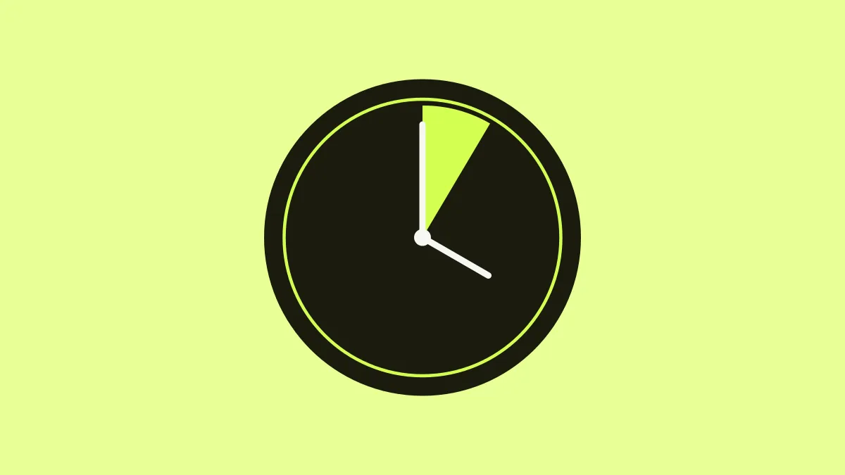 A simple illustration of a clock face marking five minutes, in lime and dark green.