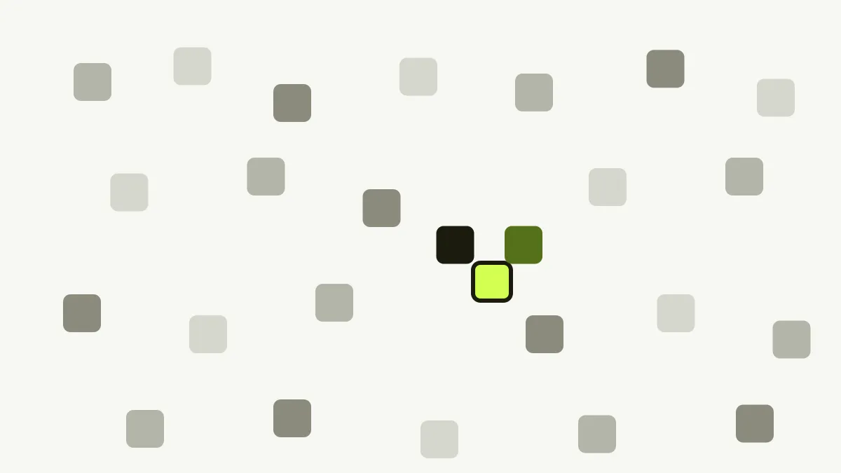 Small squares scattered unevenly across a pale canvas, three of them grouped together and one highlighted in lime.
