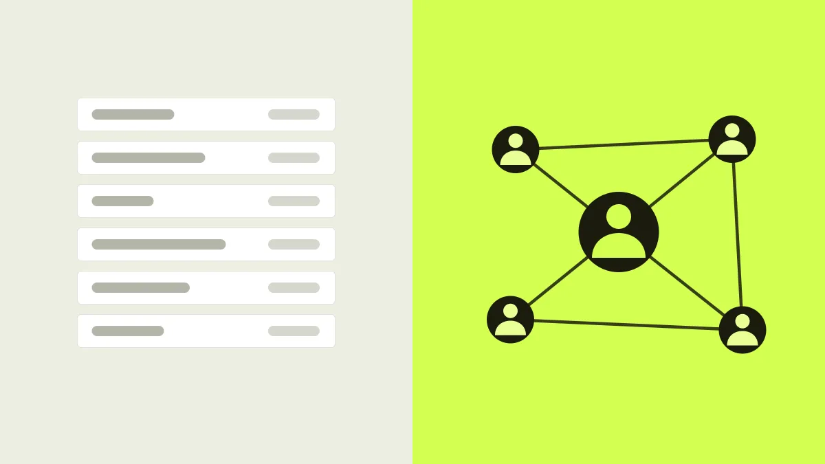 Two panels side by side. On the left, rows of empty database fields in grey. On the right, a network of people connected by lines, in dark green on lime.